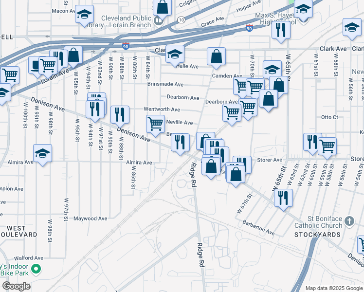 map of restaurants, bars, coffee shops, grocery stores, and more near 7500 Denison Avenue in Cleveland