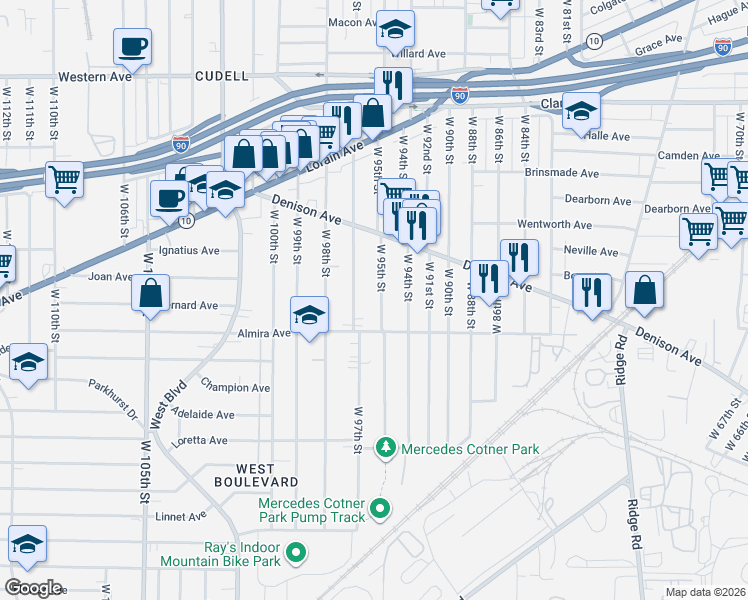 map of restaurants, bars, coffee shops, grocery stores, and more near 3335 West 95th Street in Cleveland