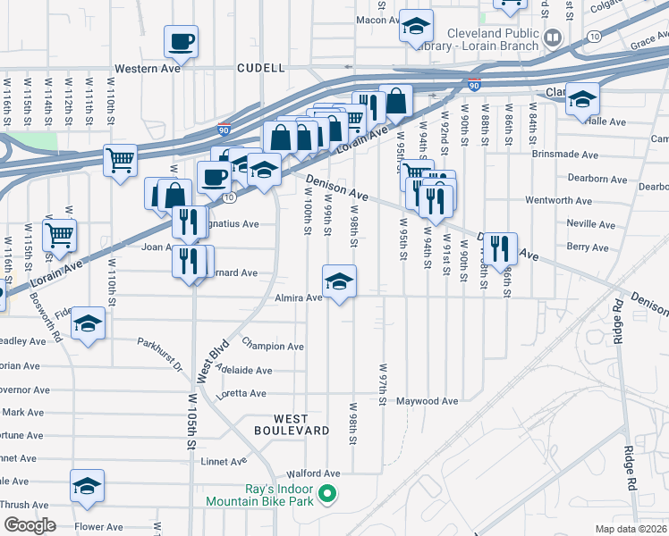 map of restaurants, bars, coffee shops, grocery stores, and more near 3338 West 98th Street in Cleveland