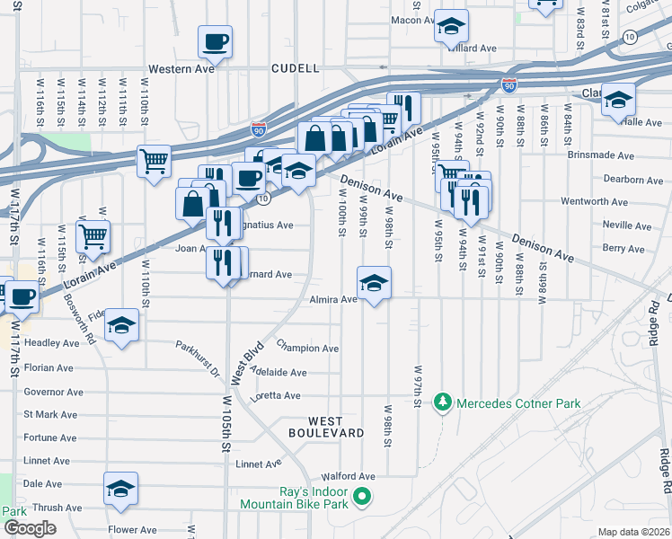 map of restaurants, bars, coffee shops, grocery stores, and more near 3319 West 100th Street in Cleveland