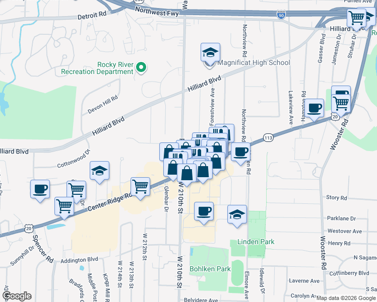 map of restaurants, bars, coffee shops, grocery stores, and more near 2883 Wagar Road in Rocky River