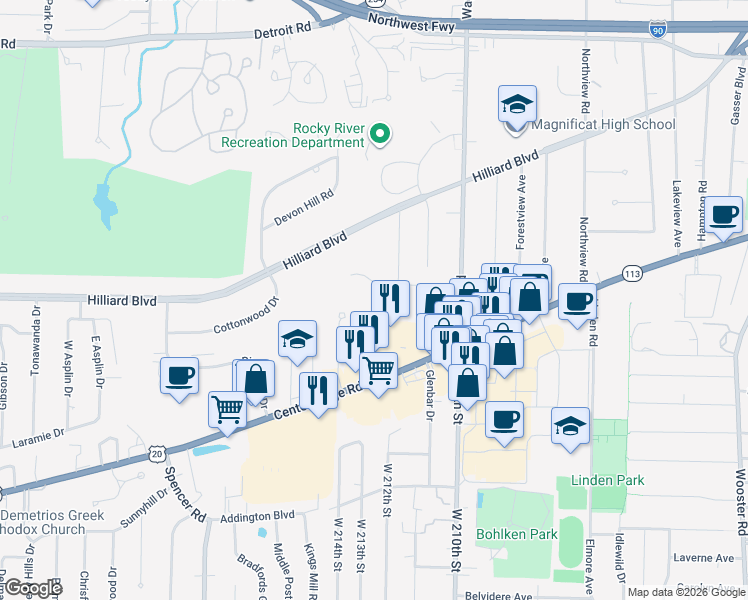 map of restaurants, bars, coffee shops, grocery stores, and more near 2775 Pease Drive in Rocky River