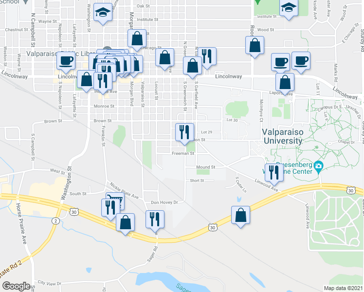 map of restaurants, bars, coffee shops, grocery stores, and more near 455 South Greenwich Street in Valparaiso