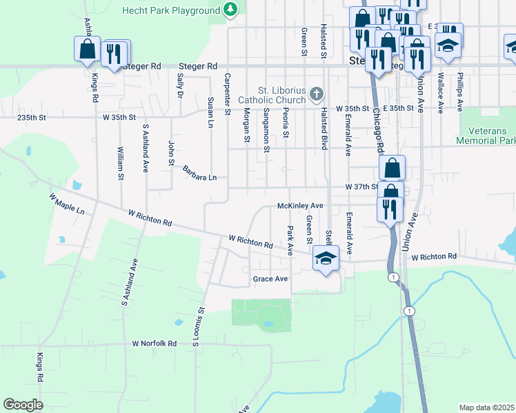 map of restaurants, bars, coffee shops, grocery stores, and more near 3730 Crescent Drive in Steger