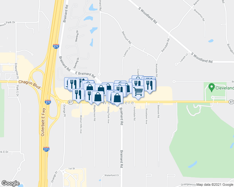 map of restaurants, bars, coffee shops, grocery stores, and more near 3440 Virginia Road in Woodmere