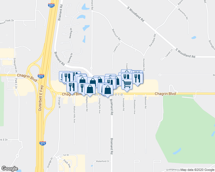 map of restaurants, bars, coffee shops, grocery stores, and more near 3440 Virginia Rd in Woodmere