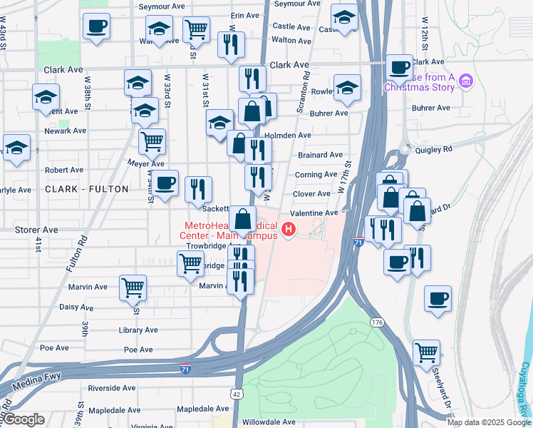 map of restaurants, bars, coffee shops, grocery stores, and more near 2450 Metrohealth Drive in Cleveland