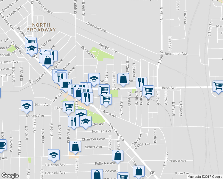 map of restaurants, bars, coffee shops, grocery stores, and more near 6920 Union Avenue in Cleveland