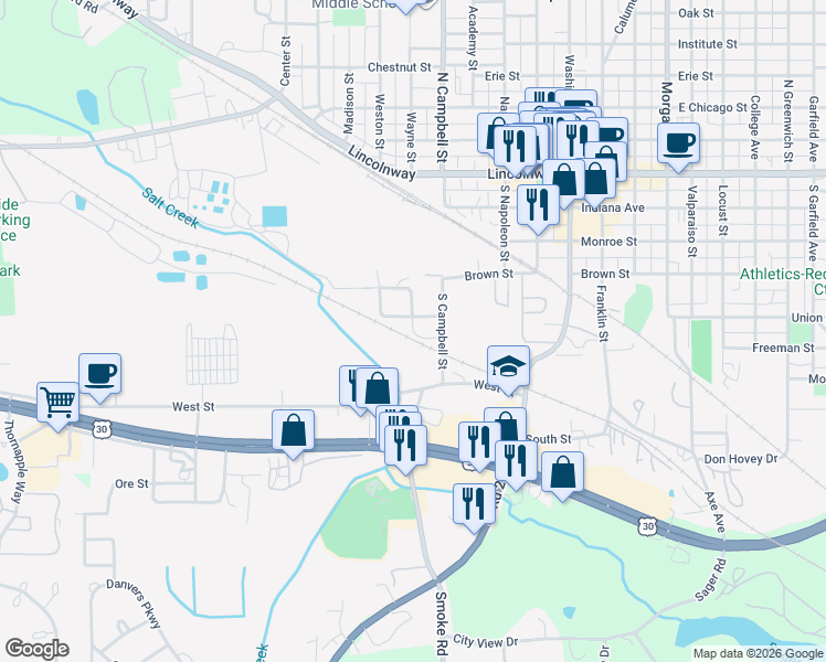 map of restaurants, bars, coffee shops, grocery stores, and more near 498 Daly Street in Valparaiso