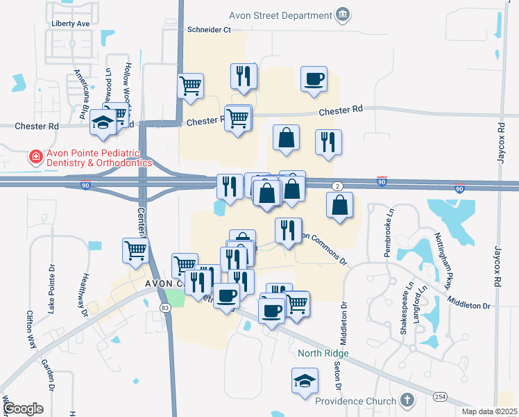 map of restaurants, bars, coffee shops, grocery stores, and more near 35906 Detroit Road in Avon