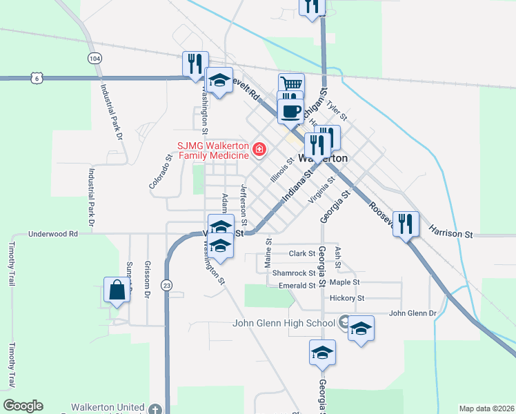 map of restaurants, bars, coffee shops, grocery stores, and more near 705 Illinois Street in Walkerton