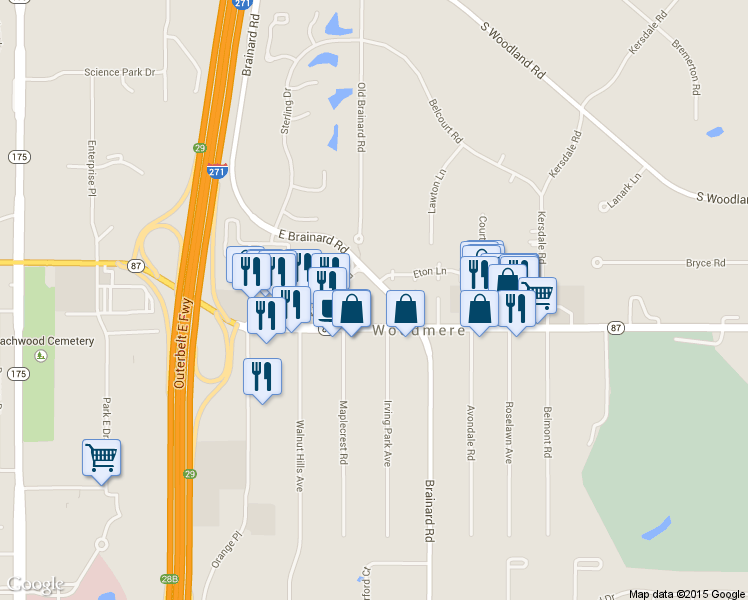 map of restaurants, bars, coffee shops, grocery stores, and more near 3434 East Brainard Road in Woodmere