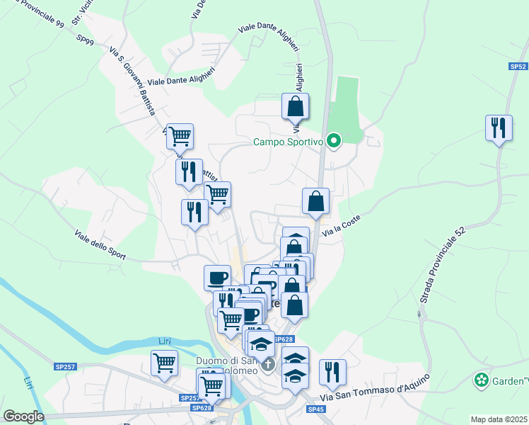 map of restaurants, bars, coffee shops, grocery stores, and more near 15 Via Trieste in Pontecorvo