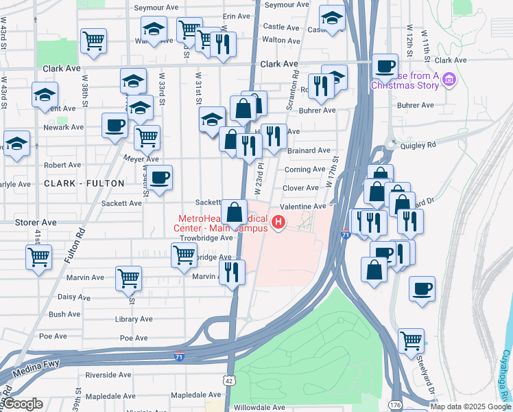 map of restaurants, bars, coffee shops, grocery stores, and more near 2450 Metrohealth Drive in Cleveland