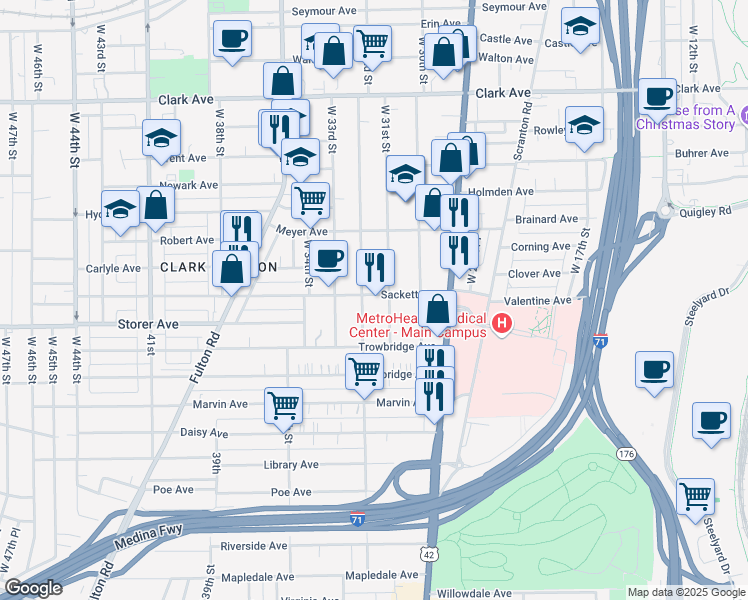 map of restaurants, bars, coffee shops, grocery stores, and more near 3348 West 31st Street in Cleveland