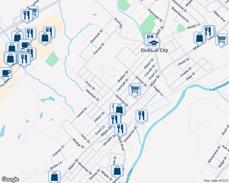 map of restaurants, bars, coffee shops, grocery stores, and more near 853 Albert Street in Dickson City