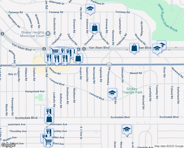 map of restaurants, bars, coffee shops, grocery stores, and more near 3553 Normandy Road in Shaker Heights