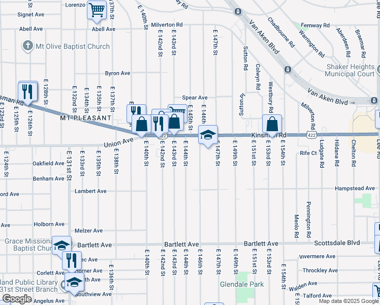 map of restaurants, bars, coffee shops, grocery stores, and more near 3544 East 146th Street in Cleveland
