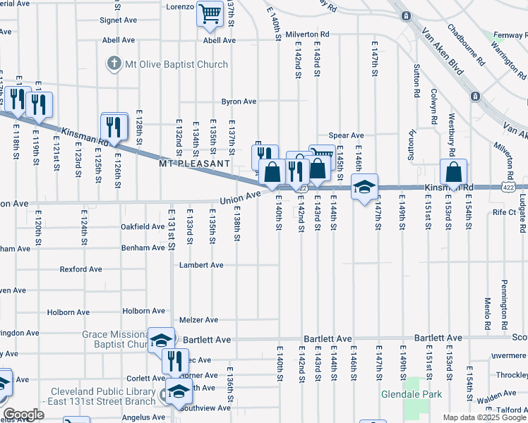 map of restaurants, bars, coffee shops, grocery stores, and more near 3550 East 140th Street in Cleveland