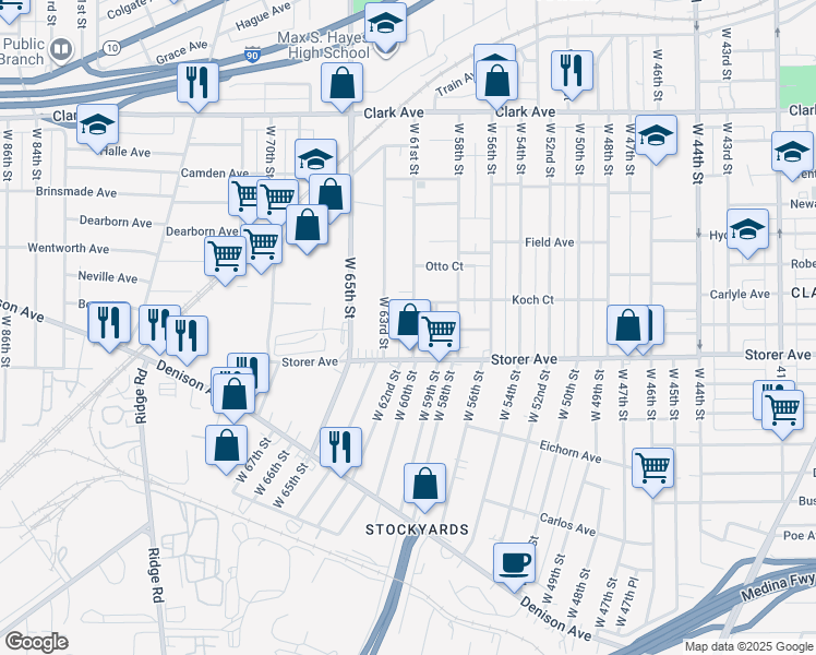 map of restaurants, bars, coffee shops, grocery stores, and more near 3339 West 61st Street in Cleveland