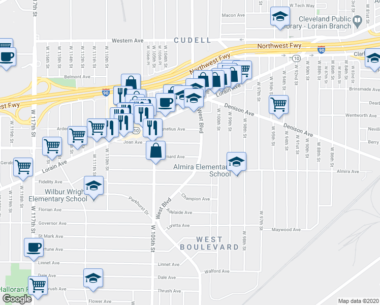 map of restaurants, bars, coffee shops, grocery stores, and more near 10227 Bernard Avenue in Cleveland