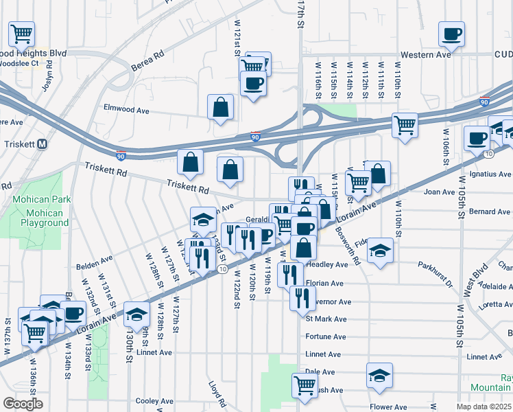 map of restaurants, bars, coffee shops, grocery stores, and more near 11902 Geraldine Avenue in Cleveland