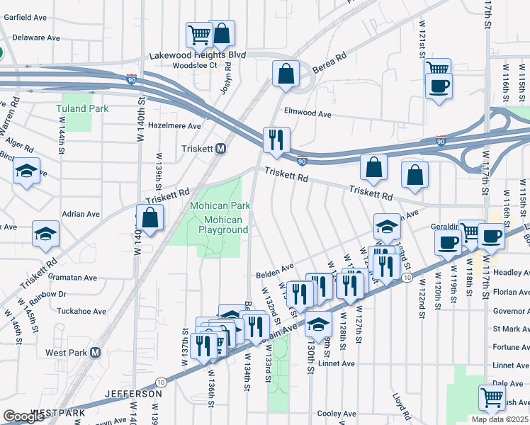 map of restaurants, bars, coffee shops, grocery stores, and more near 3277 Berea Road in Cleveland