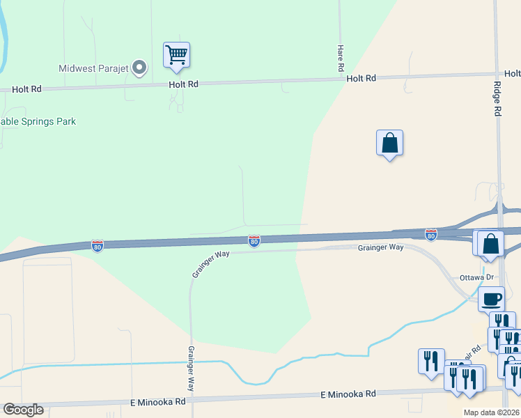 map of restaurants, bars, coffee shops, grocery stores, and more near Interstate 80 in Minooka