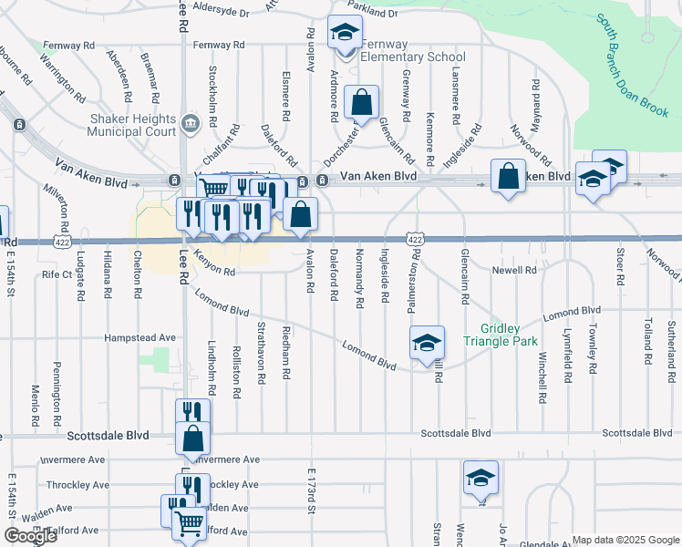 map of restaurants, bars, coffee shops, grocery stores, and more near 3541 Daleford Road in Shaker Heights
