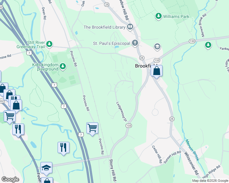 map of restaurants, bars, coffee shops, grocery stores, and more near 8 Eastview Drive in Brookfield