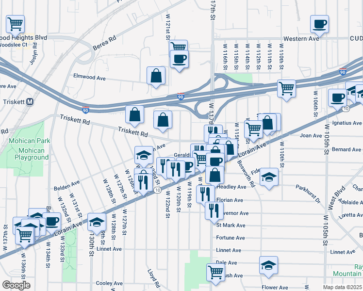 map of restaurants, bars, coffee shops, grocery stores, and more near 11902 Geraldine Avenue in Cleveland
