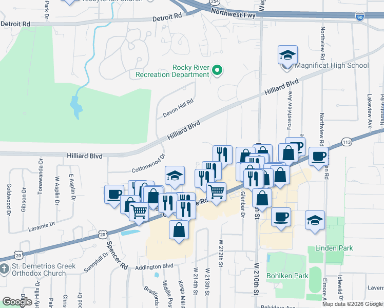 map of restaurants, bars, coffee shops, grocery stores, and more near 2826 Pease Drive in Rocky River