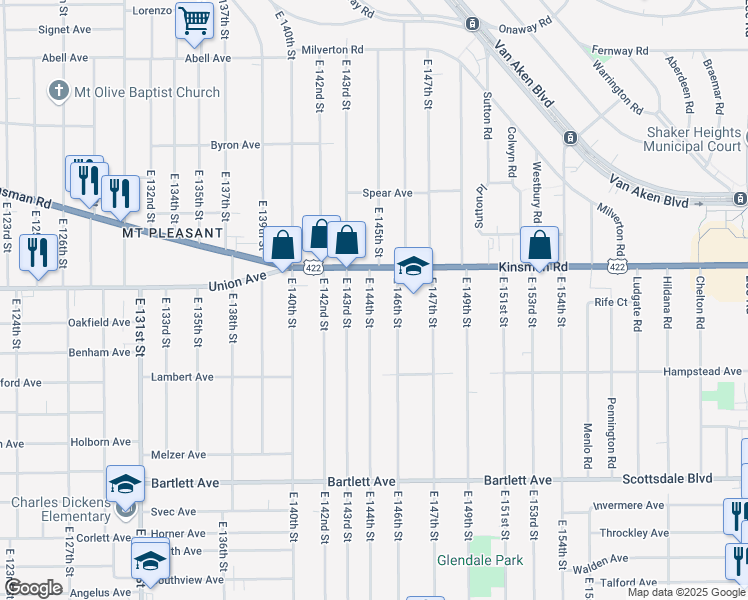 map of restaurants, bars, coffee shops, grocery stores, and more near 3533 East 144th Street in Cleveland