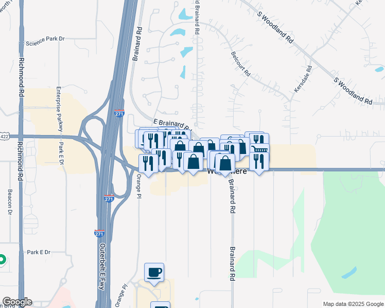 map of restaurants, bars, coffee shops, grocery stores, and more near 27621 Chagrin Boulevard in Woodmere