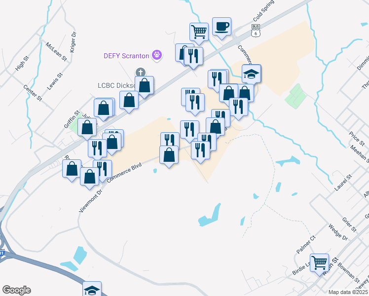 map of restaurants, bars, coffee shops, grocery stores, and more near Commerce Boulevard in Dickson City