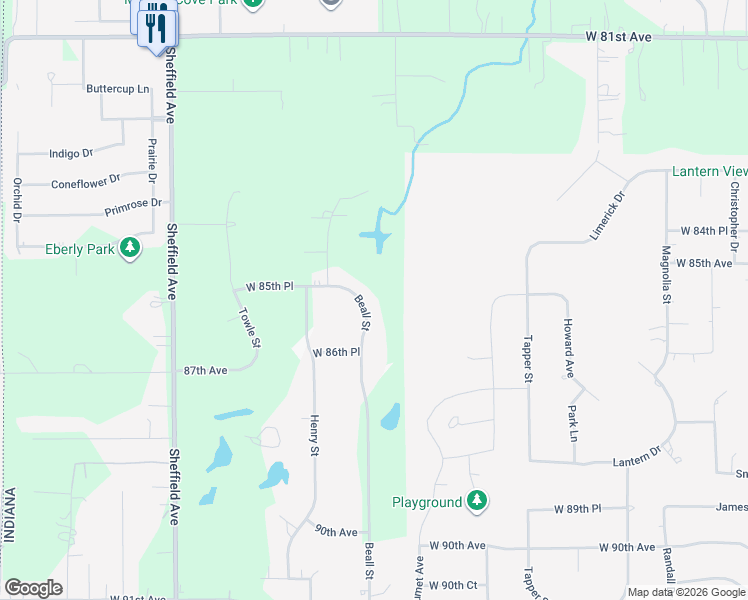 map of restaurants, bars, coffee shops, grocery stores, and more near 8571 Beall Street in Dyer