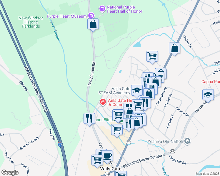 map of restaurants, bars, coffee shops, grocery stores, and more near 127 Vails Gate Heights Drive in New Windsor