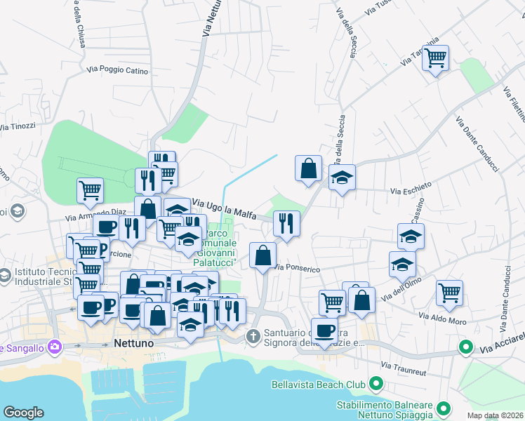 map of restaurants, bars, coffee shops, grocery stores, and more near 7 Via Ugo la Malfa in Nettuno
