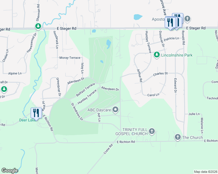 map of restaurants, bars, coffee shops, grocery stores, and more near 773 Aberdeen Drive in Crete