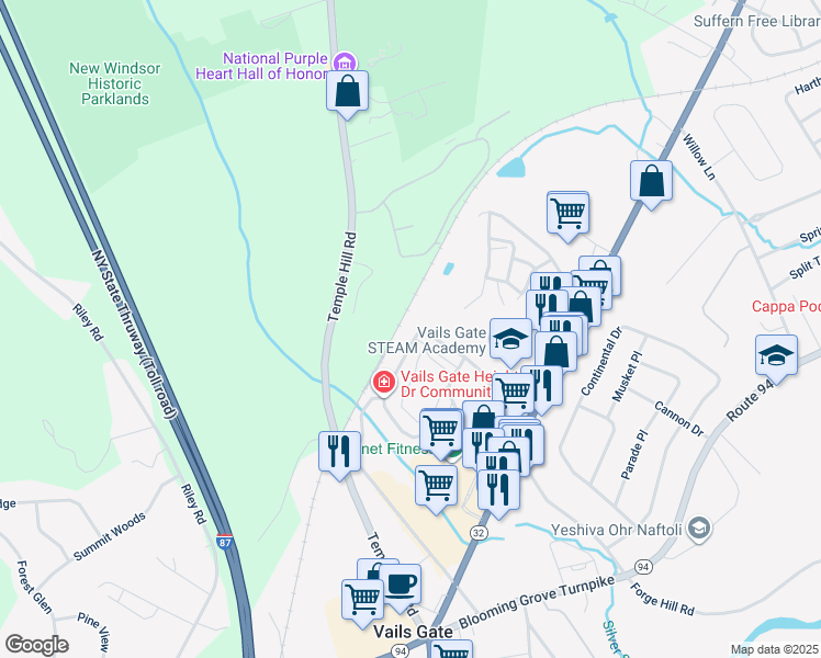map of restaurants, bars, coffee shops, grocery stores, and more near 127 Vails Gate Heights Drive in New Windsor
