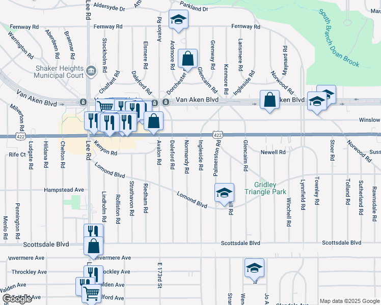 map of restaurants, bars, coffee shops, grocery stores, and more near 3553 Normandy Road in Shaker Heights