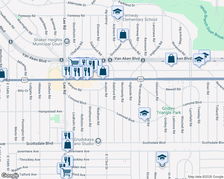 map of restaurants, bars, coffee shops, grocery stores, and more near 3550 Daleford Road in Shaker Heights