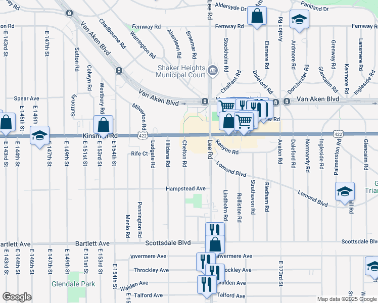 map of restaurants, bars, coffee shops, grocery stores, and more near 3549 Chelton Road in Shaker Heights