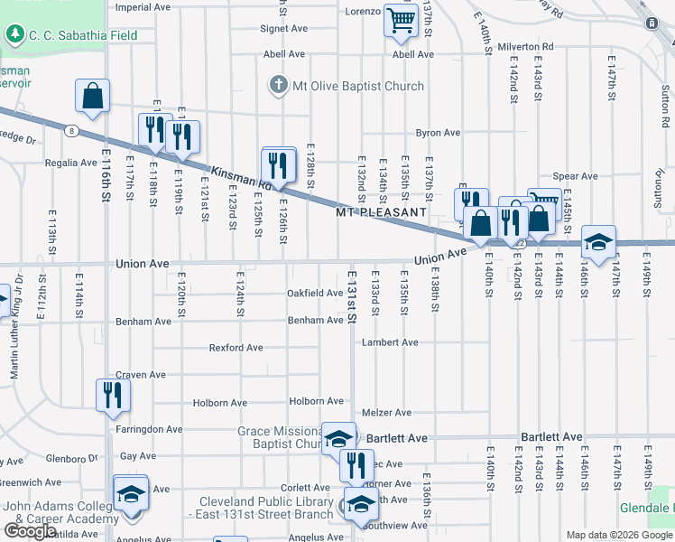 map of restaurants, bars, coffee shops, grocery stores, and more near 3521 East 129th Street in Cleveland