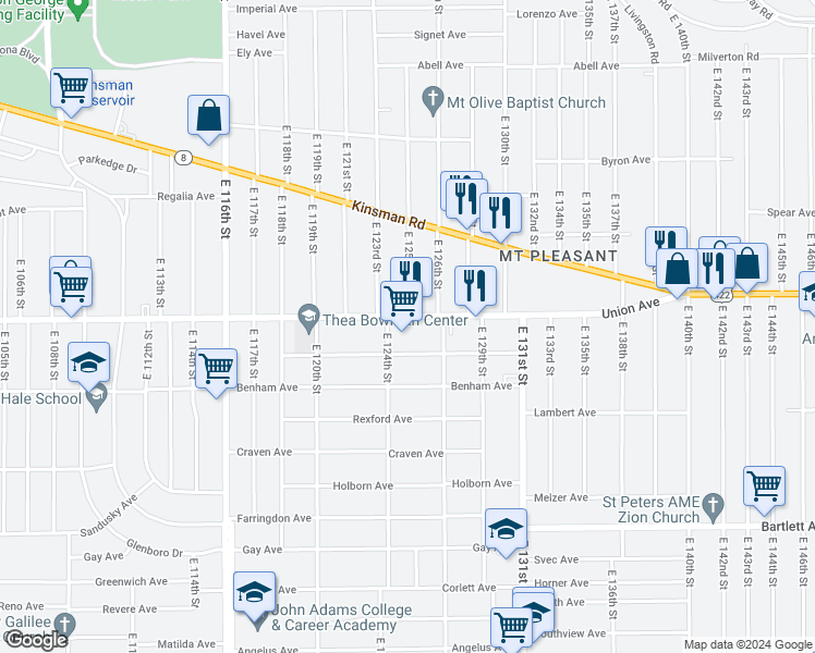 map of restaurants, bars, coffee shops, grocery stores, and more near 12505 Oakfield Avenue in Cleveland
