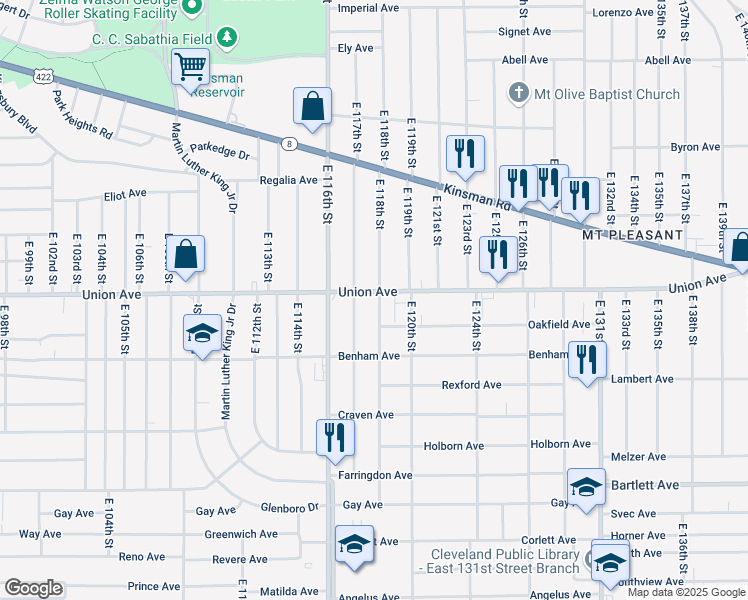 map of restaurants, bars, coffee shops, grocery stores, and more near 3521 East 117th Street in Cleveland