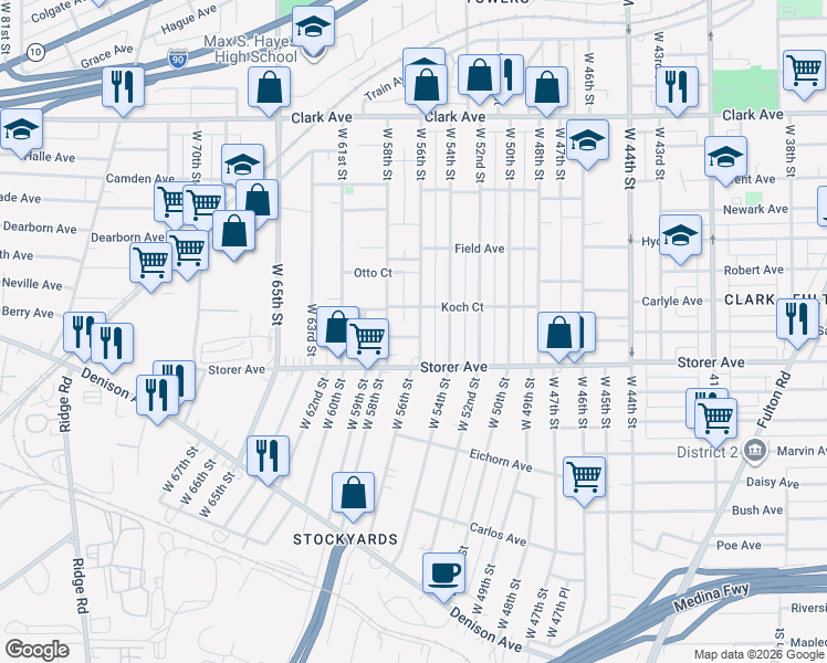 map of restaurants, bars, coffee shops, grocery stores, and more near 3337 West 56th Street in Cleveland