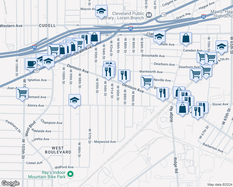 map of restaurants, bars, coffee shops, grocery stores, and more near 3321 West 90th Street in Cleveland
