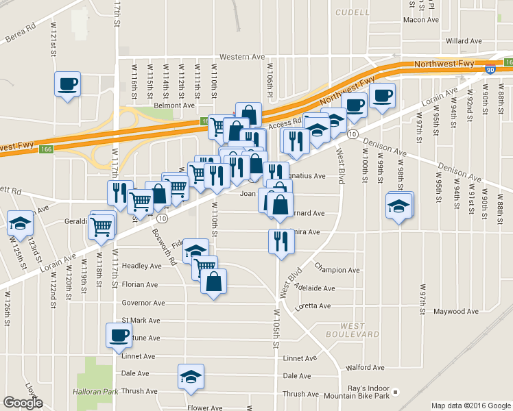 map of restaurants, bars, coffee shops, grocery stores, and more near 10707 Bernard Avenue in Cleveland