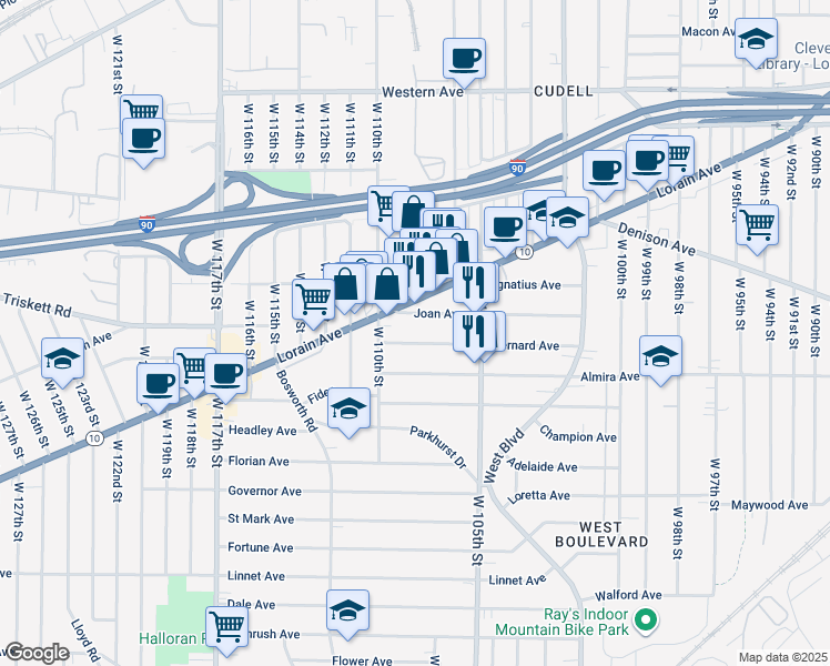 map of restaurants, bars, coffee shops, grocery stores, and more near 10905 Bernard Avenue in Cleveland